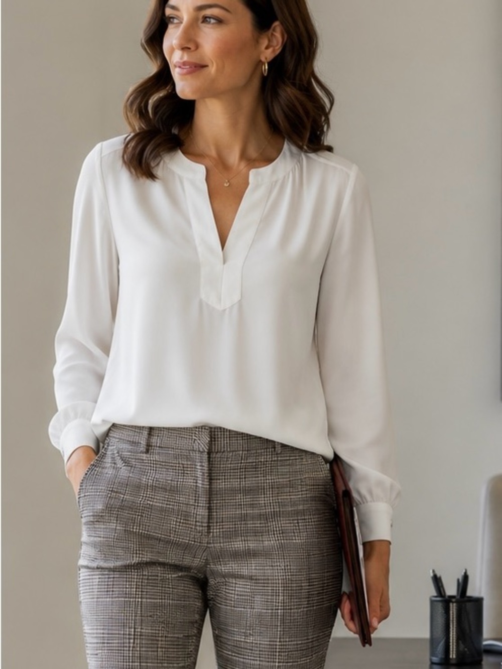 Ann Taylor LOFT White Notch-Neck Long Sleeve Blouse